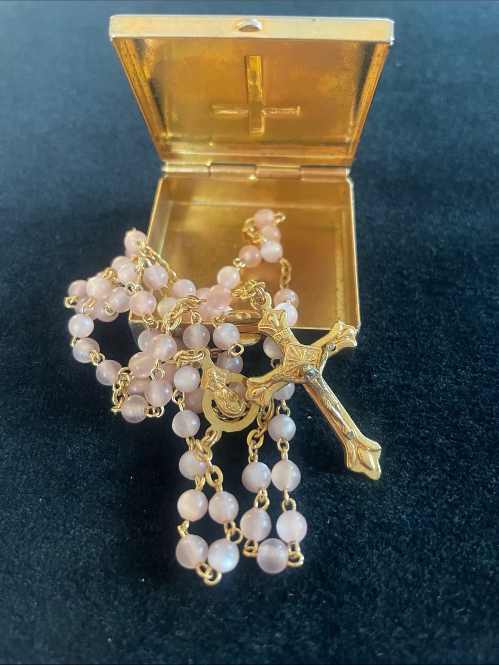 VINTAGE Gold-Tone Pink Bead Rosary Necklace AND ROSARY BOX